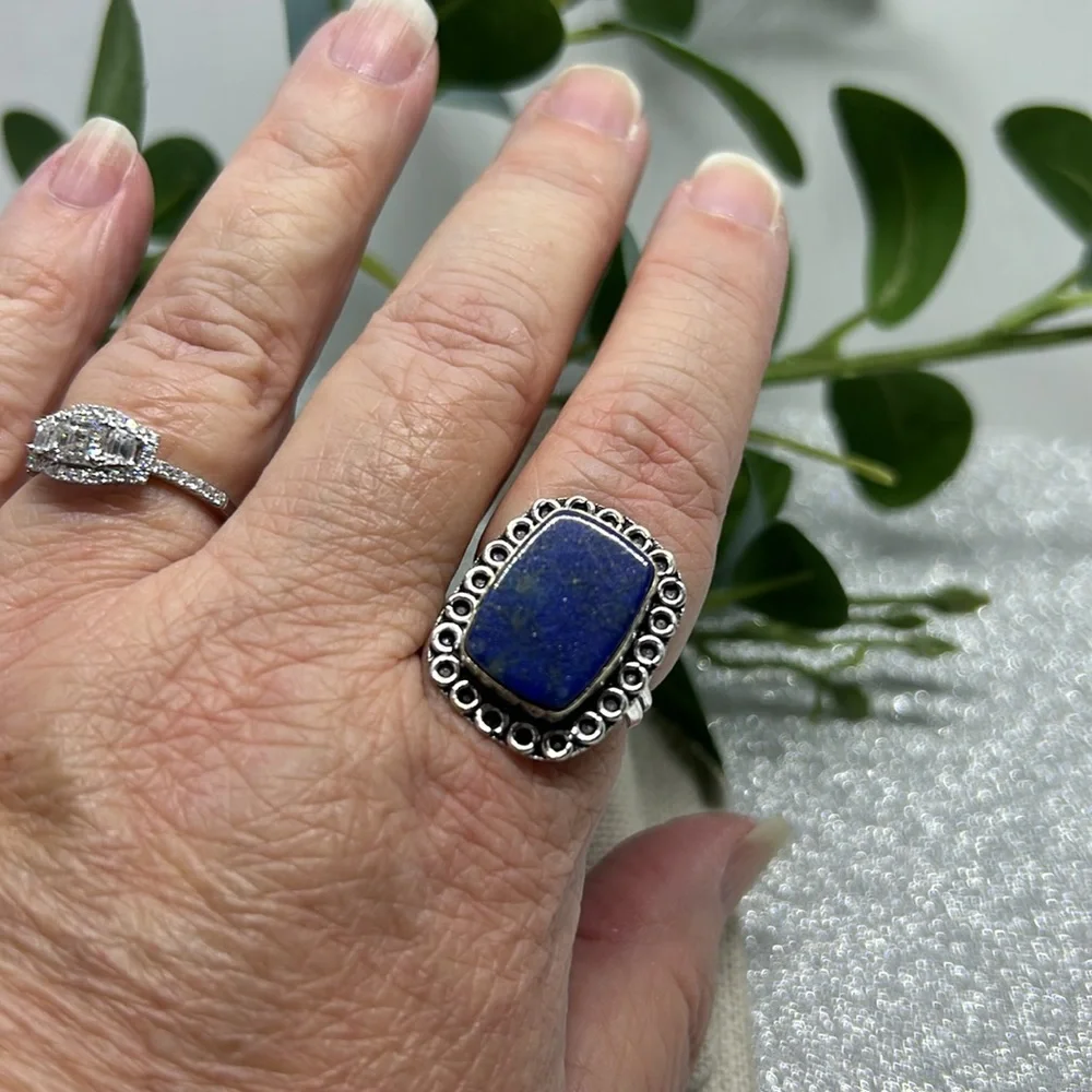 Lapis Lazuli Ring 925 (Size: 9) Modern Bohemian
